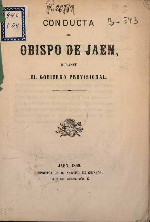 Obispado - Obispado. Conducta del Obispo de Jaén durante el Gobierno Provisional 1869