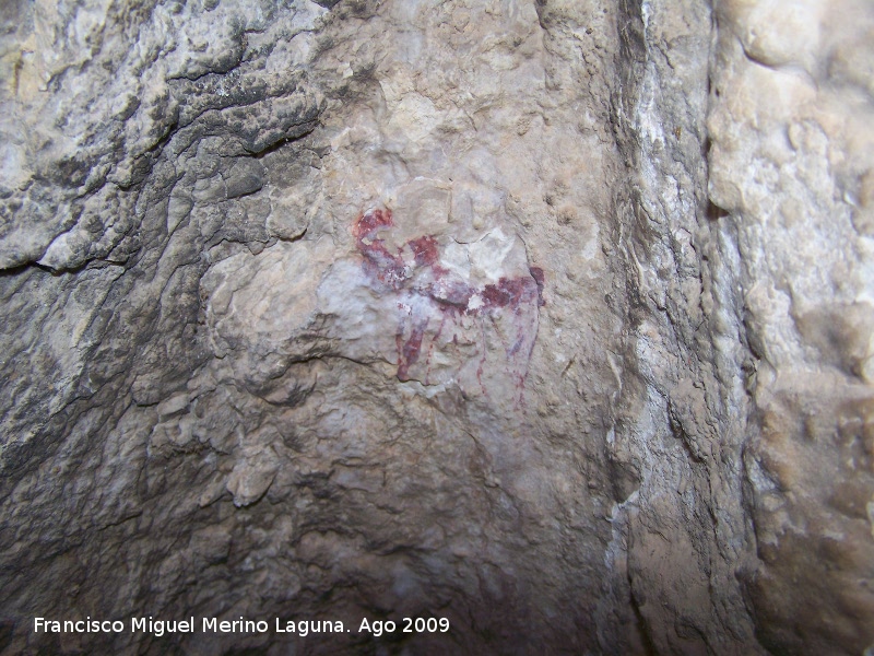 Pinturas rupestres del Poyo Bernabé Grupo II - Pinturas rupestres del Poyo Bernabé Grupo II. Cabra en solitario en una pared cóncava con multitud de líneas que parten de su vientre