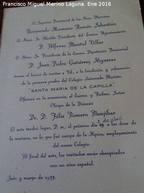 Maristas - Maristas. Invitación de la colocación de la primera piedra