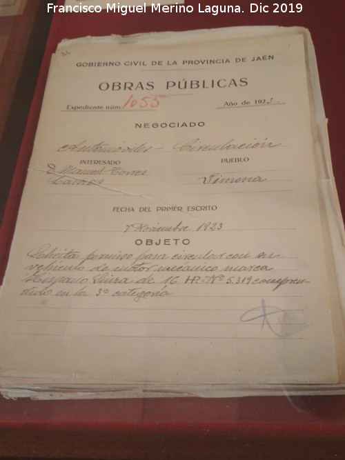 Historia de Jimena - Historia de Jimena. Expediente de matriculaci�n del Hispano Suiza J-1055 en Jimena 1923. Archivo Hist�rico Provincial