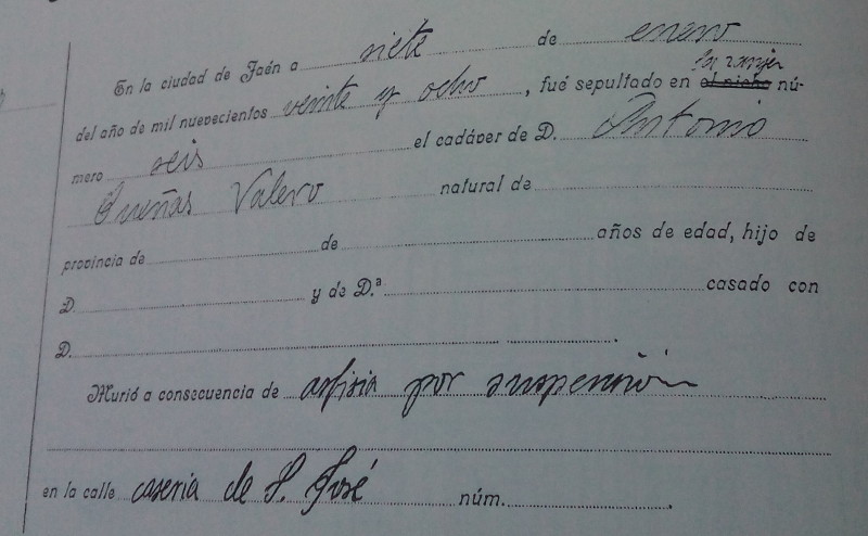 Caserío de San José - Caserío de San José. Documento de fallecimiento