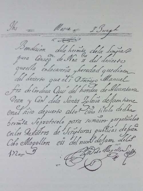 Capilla de la Casa Grande - Capilla de la Casa Grande. Escritura de bendición de 1720.
