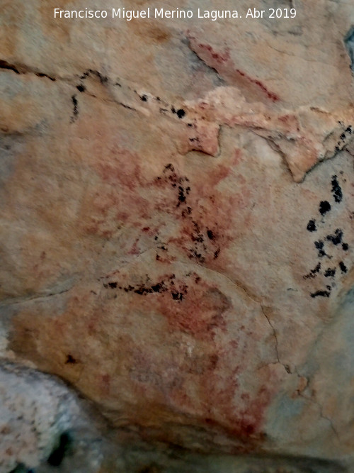 Pinturas rupestres de la Cueva de la Dehesa - Pinturas rupestres de la Cueva de la Dehesa. Resto desvaído rojo sobre el que han pintado en negro en época reciente