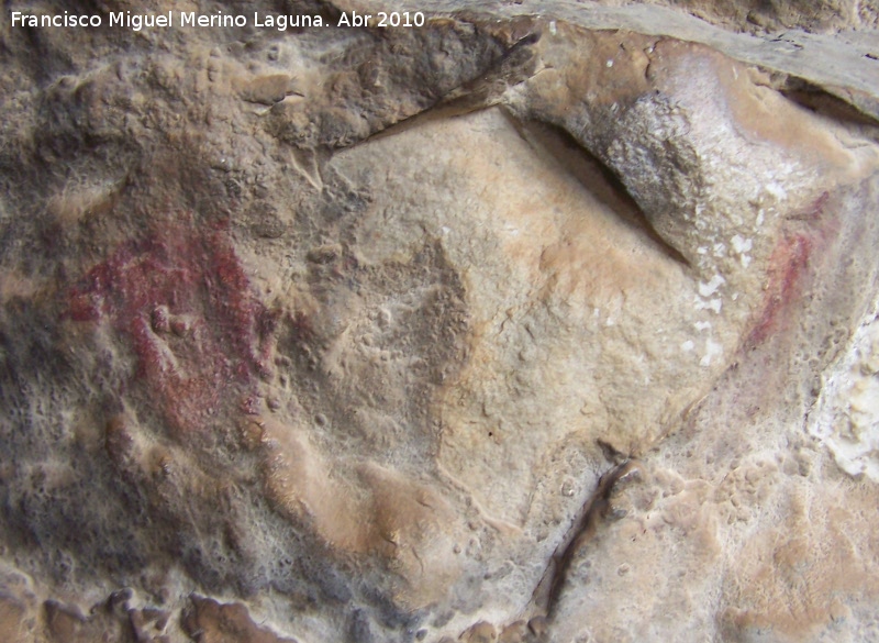 Pinturas rupestres de la Cueva de los Herreros Grupo XI - Pinturas rupestres de la Cueva de los Herreros Grupo XI. Cánido y barra vertical izquierdos del subgrupo superior