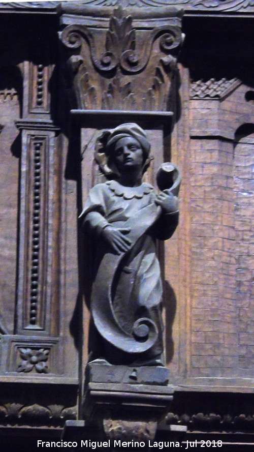 Catedral de Jaén. Coro. Teofanía de Mambré - Catedral de Jaén. Coro. Teofanía de Mambré. Capitel y figura derecha