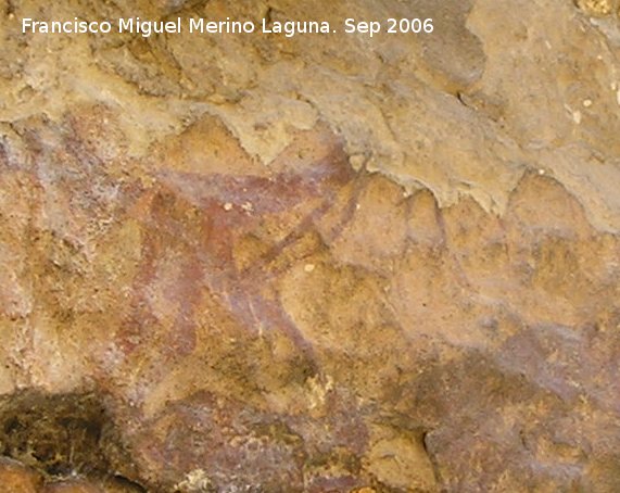 Pinturas rupestres de la Cueva del Engarbo I. Grupo II. Panel VII - Pinturas rupestres de la Cueva del Engarbo I. Grupo II. Panel VII. Antropomorfo clavando su arma a un jabalí y a su derecha las extremidades inferiores de un zooformo