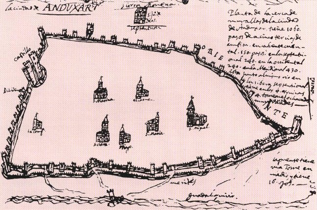 Muralla de Andújar - Muralla de Andújar. Plano de las murallas de Andújar levantado en el siglo XVII por Ximena Jurado.