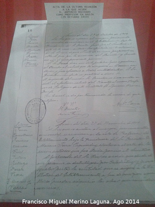 Historia de Baeza - Historia de Baeza. Acta de la ltima reunin que acude en Baeza Antonio Machado el 29 de Octubre de 1919