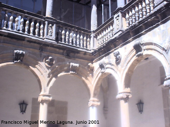 Castillo de Canena - Castillo de Canena. Detalle de las enjutas con medio cuerpos saliendo de círculos de las arcadas del patio con los capiteles jónicos y sus claves, y segundo cuerpo con balaustrada