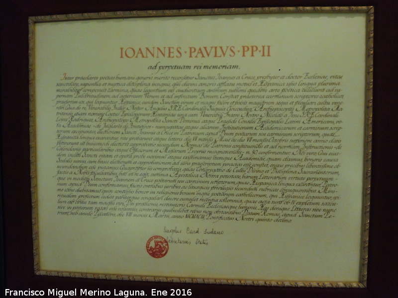 San Juan de la Cruz - San Juan de la Cruz. Declaración de San Juan de la Cruz como patrón de los poetas de habla hispana. Juan Pablo II 1993. Museo de San Juan de la Cruz - Úbeda