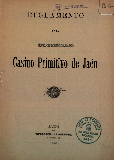 Casino de Artesanos - Casino de Artesanos. Reglamento del Casino Primitivo de Jaén de 1898