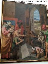 Monasterio de la Cartuja. Capítulo de Legos. Peregrino bebiendo del agua que brota de la tumba de San Bruno